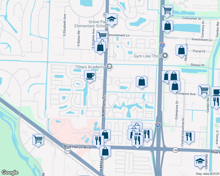 map of restaurants, bars, coffee shops, grocery stores, and more near 7700 North Military Trail in Palm Beach Gardens