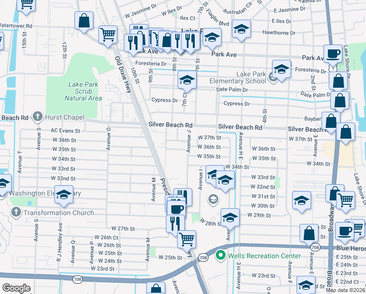 map of restaurants, bars, coffee shops, grocery stores, and more near 961 West 37th Street in Riviera Beach