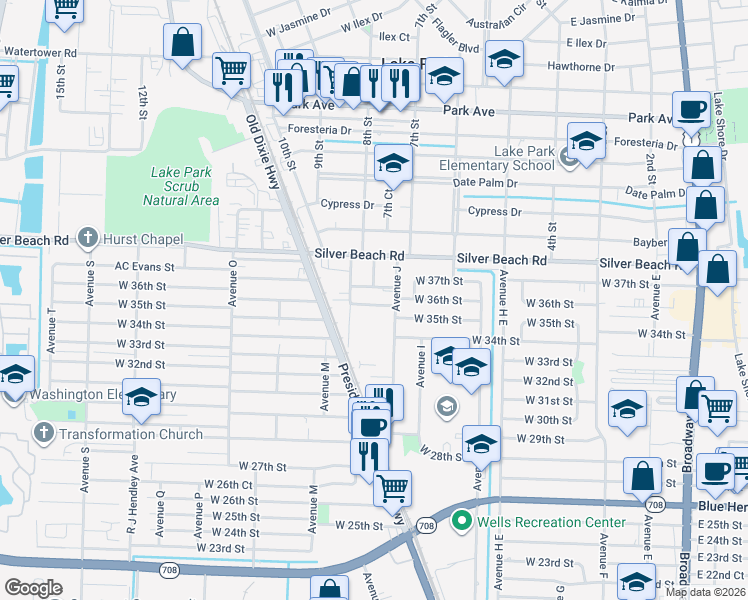 map of restaurants, bars, coffee shops, grocery stores, and more near 961 West 37th Street in Riviera Beach