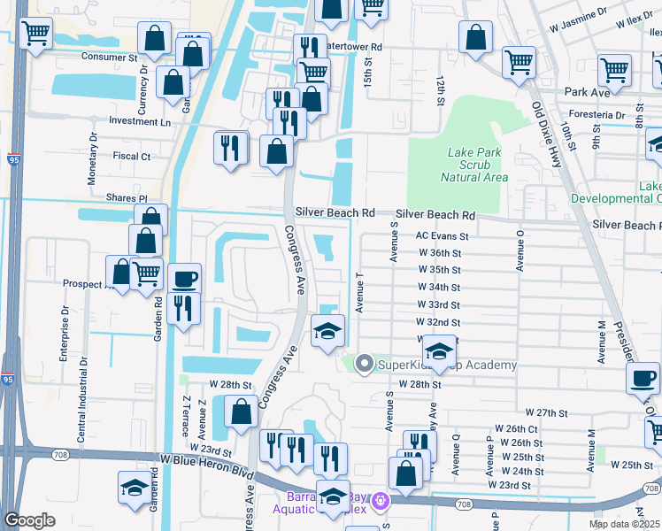 map of restaurants, bars, coffee shops, grocery stores, and more near 1928 Gardenia Ct in Riviera Beach