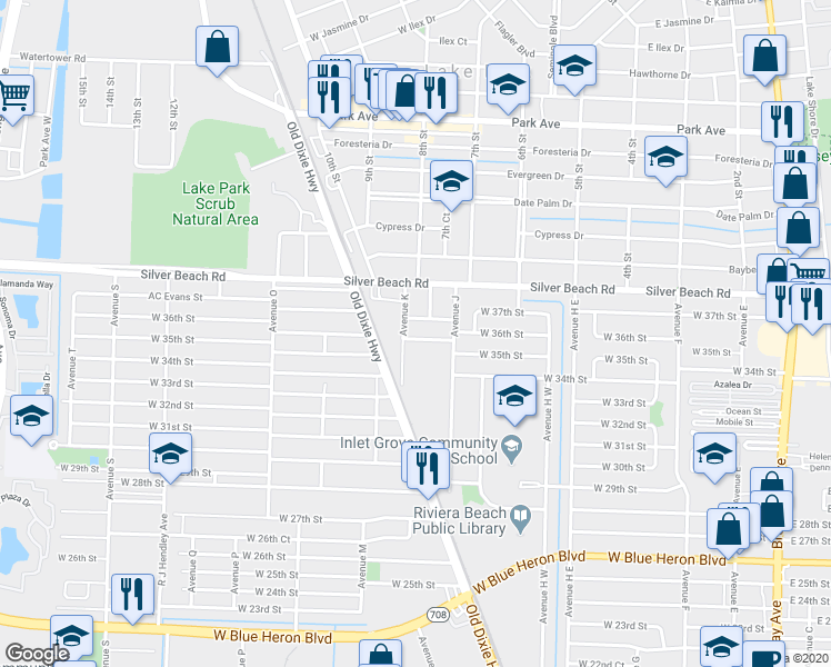 map of restaurants, bars, coffee shops, grocery stores, and more near 970 West 36th Street in West Palm Beach