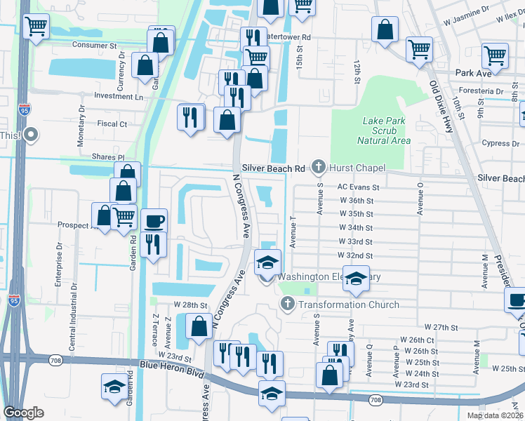 map of restaurants, bars, coffee shops, grocery stores, and more near 1946 Gardenia Court in Riviera Beach