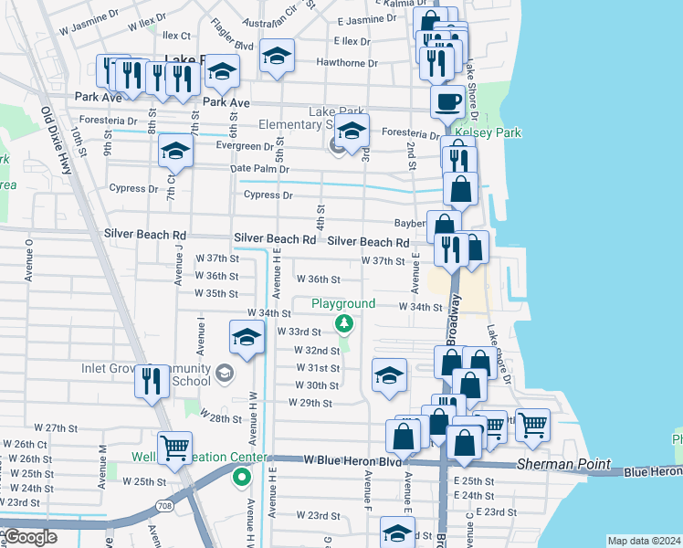 map of restaurants, bars, coffee shops, grocery stores, and more near 380 West 36th Street in West Palm Beach