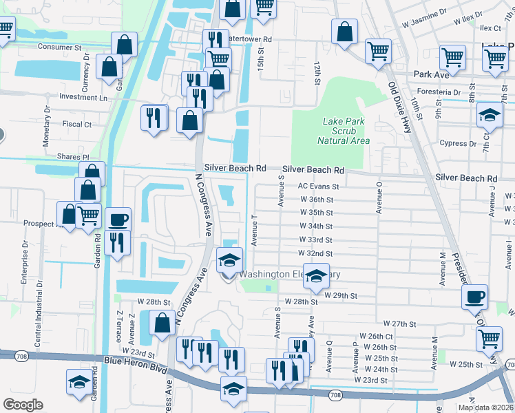 map of restaurants, bars, coffee shops, grocery stores, and more near 3500 Avenue T in West Palm Beach