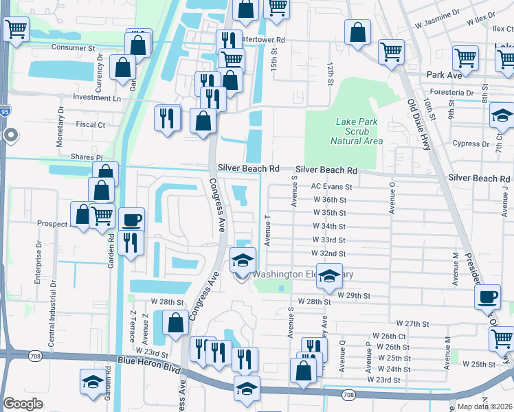 map of restaurants, bars, coffee shops, grocery stores, and more near 1928 Gardenia Court in Riviera Beach