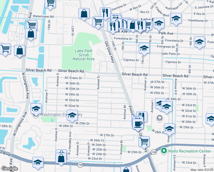 map of restaurants, bars, coffee shops, grocery stores, and more near 1238 West 36th Street in West Palm Beach