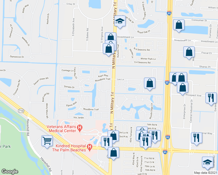 map of restaurants, bars, coffee shops, grocery stores, and more near 290 Woodbine Way in Riviera Beach