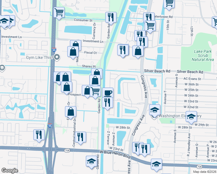 map of restaurants, bars, coffee shops, grocery stores, and more near 1263 Rose Gate Boulevard in Riviera Beach