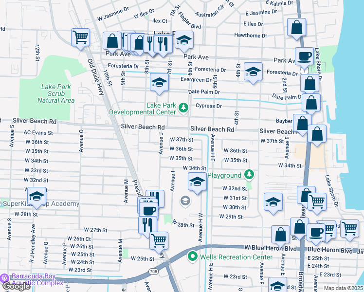 map of restaurants, bars, coffee shops, grocery stores, and more near 630 West 36th Street in West Palm Beach
