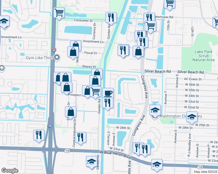 map of restaurants, bars, coffee shops, grocery stores, and more near 1263 Rose Gate Boulevard in Riviera Beach