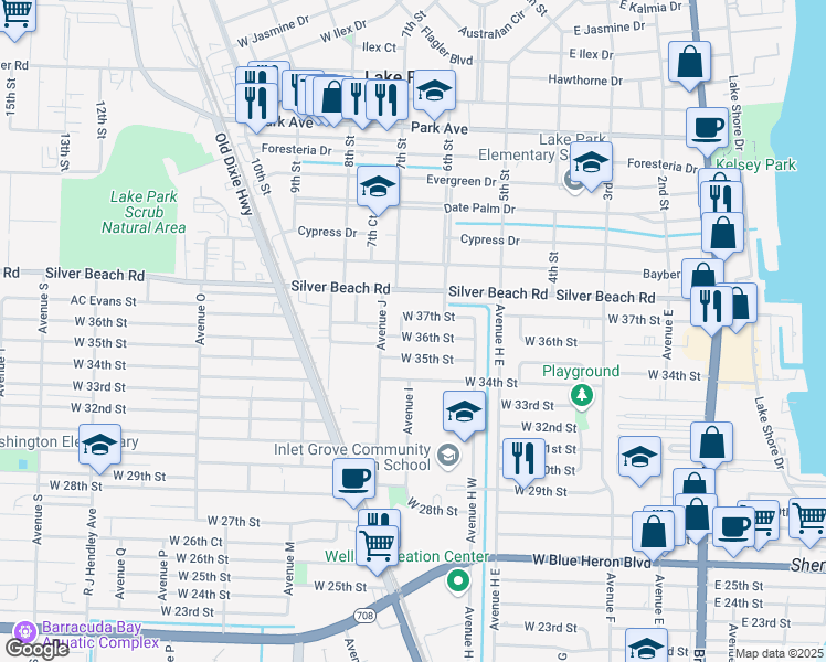 map of restaurants, bars, coffee shops, grocery stores, and more near 630 West 36th Street in West Palm Beach