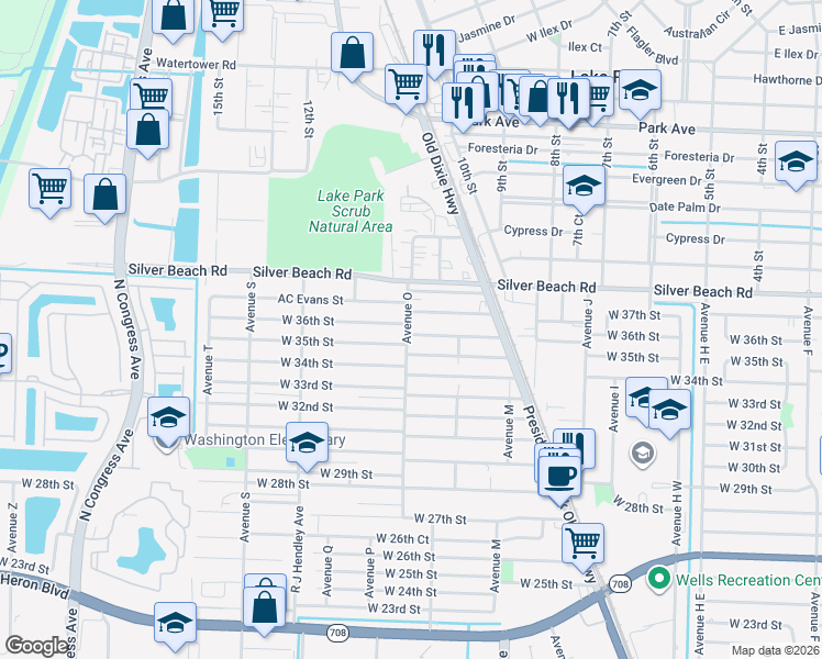 map of restaurants, bars, coffee shops, grocery stores, and more near 1307 West 36th Street in West Palm Beach
