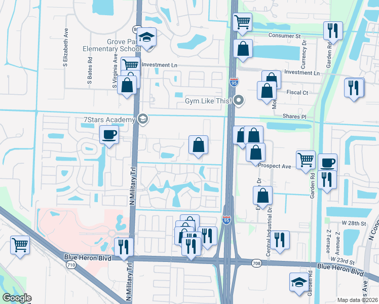 map of restaurants, bars, coffee shops, grocery stores, and more near 4216 Leo Lane in Riviera Beach
