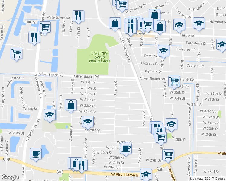 map of restaurants, bars, coffee shops, grocery stores, and more near 1307 West 36th Street in West Palm Beach