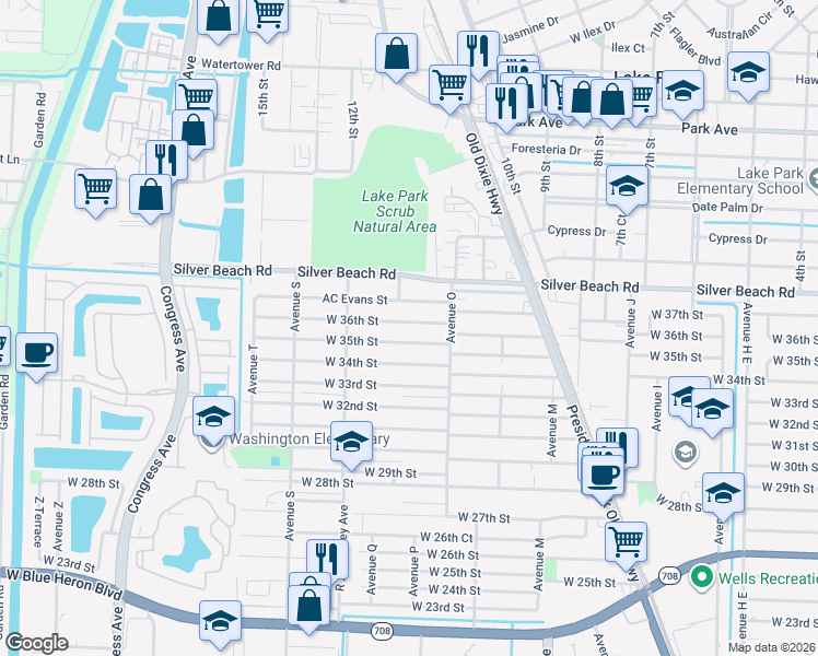 map of restaurants, bars, coffee shops, grocery stores, and more near 1381 West 36th Street in West Palm Beach