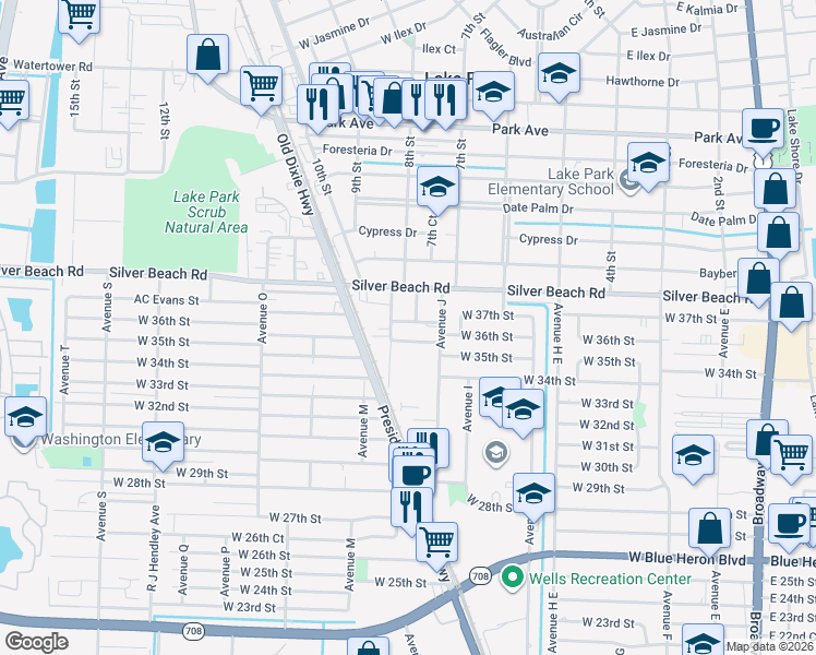 map of restaurants, bars, coffee shops, grocery stores, and more near 961 West 37th Street in Riviera Beach