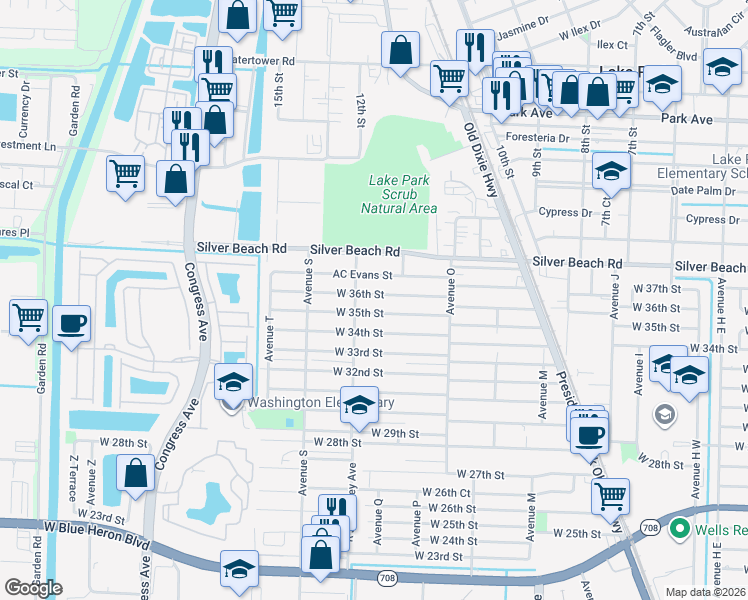 map of restaurants, bars, coffee shops, grocery stores, and more near 1457 West 36th Street in West Palm Beach