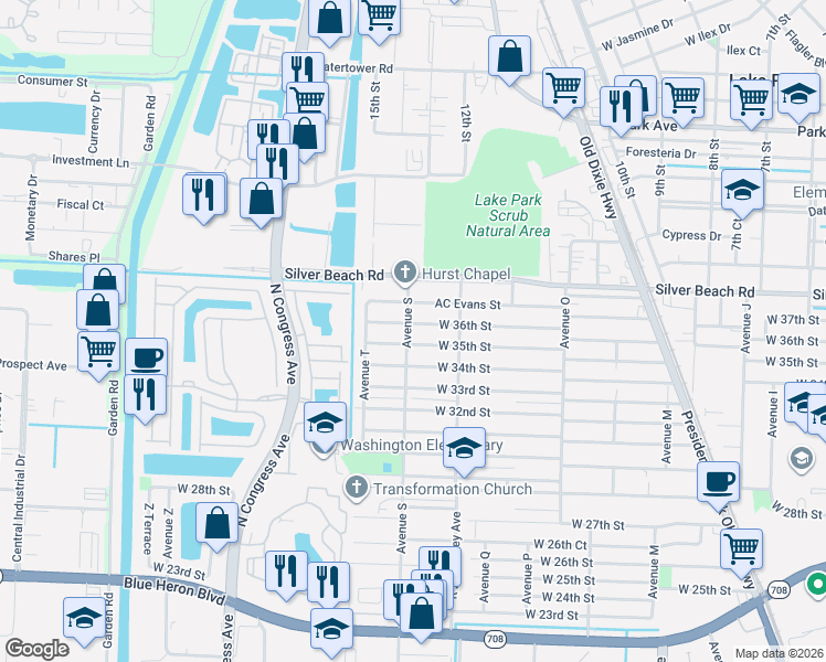map of restaurants, bars, coffee shops, grocery stores, and more near 3509 Avenue S in West Palm Beach
