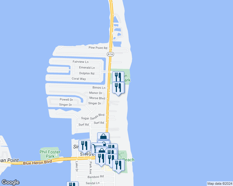map of restaurants, bars, coffee shops, grocery stores, and more near 3730 North Ocean Drive in Riviera Beach