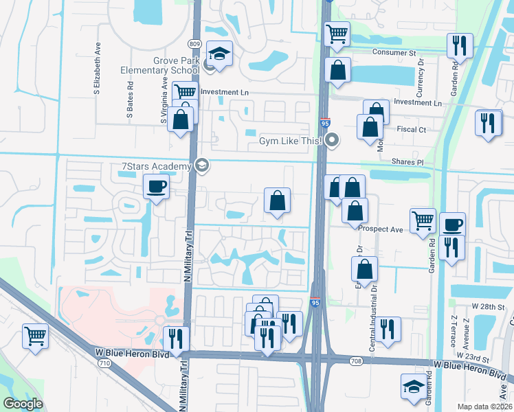 map of restaurants, bars, coffee shops, grocery stores, and more near 4238 Leo Lane in Riviera Beach