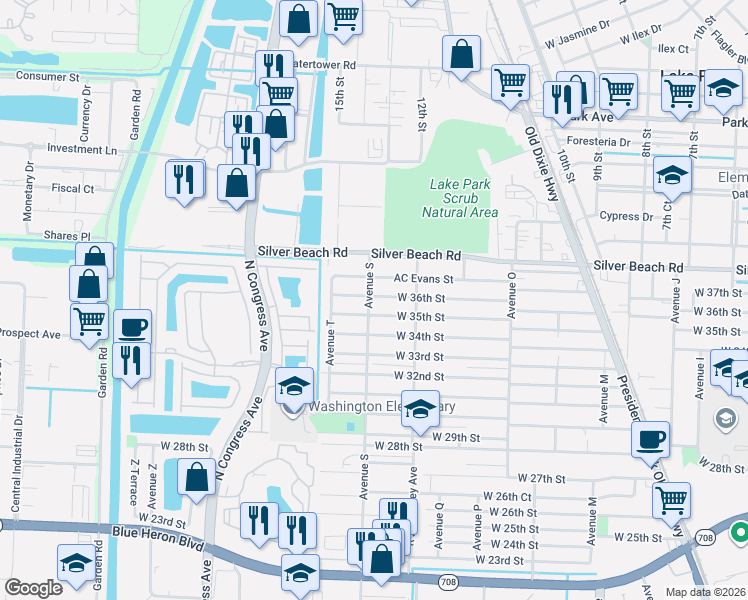 map of restaurants, bars, coffee shops, grocery stores, and more near 3509 Avenue S in West Palm Beach