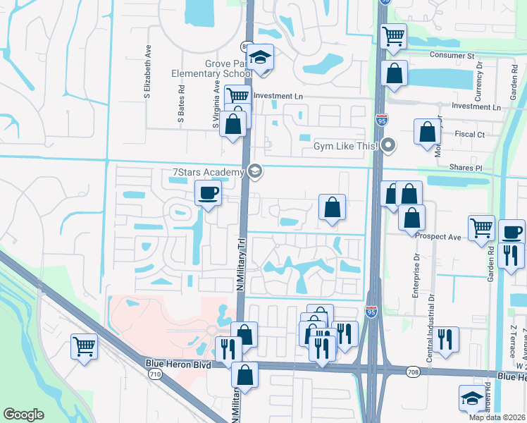 map of restaurants, bars, coffee shops, grocery stores, and more near 7700 North Military Trail in Palm Beach Gardens