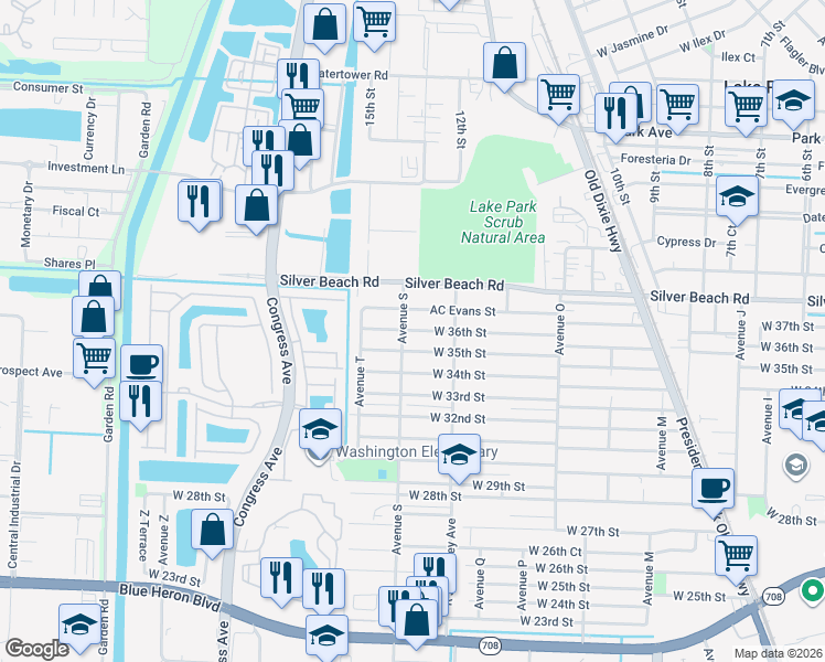 map of restaurants, bars, coffee shops, grocery stores, and more near 3509 Avenue S in West Palm Beach
