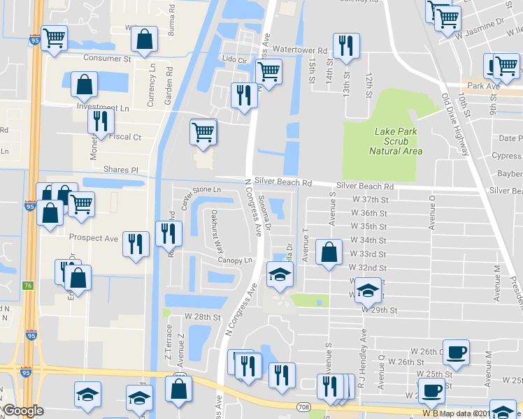 map of restaurants, bars, coffee shops, grocery stores, and more near 3621 Sonoma Drive in Riviera Beach