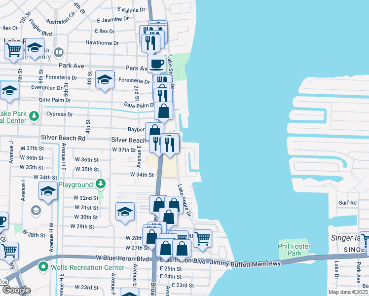 map of restaurants, bars, coffee shops, grocery stores, and more near 4871 Palm Drive in West Palm Beach
