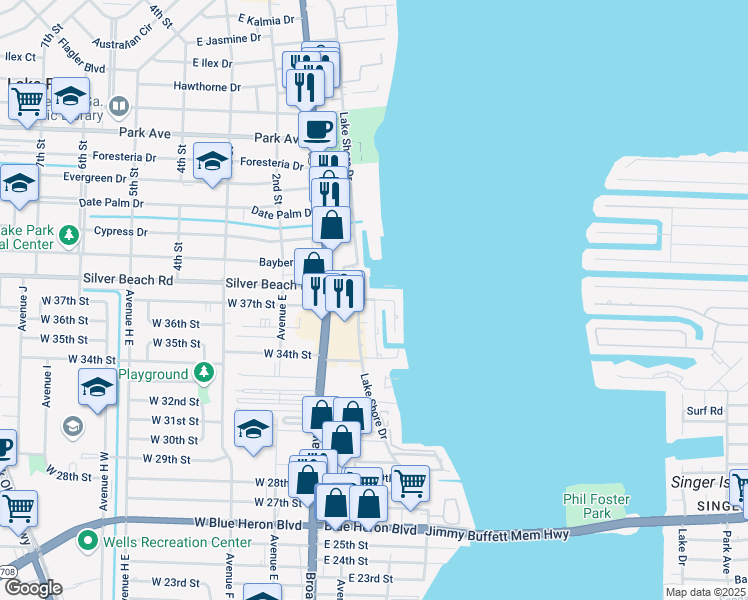 map of restaurants, bars, coffee shops, grocery stores, and more near 4767 Palm Drive in West Palm Beach