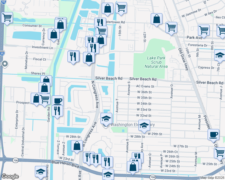 map of restaurants, bars, coffee shops, grocery stores, and more near 1928 Gardenia Court in Riviera Beach