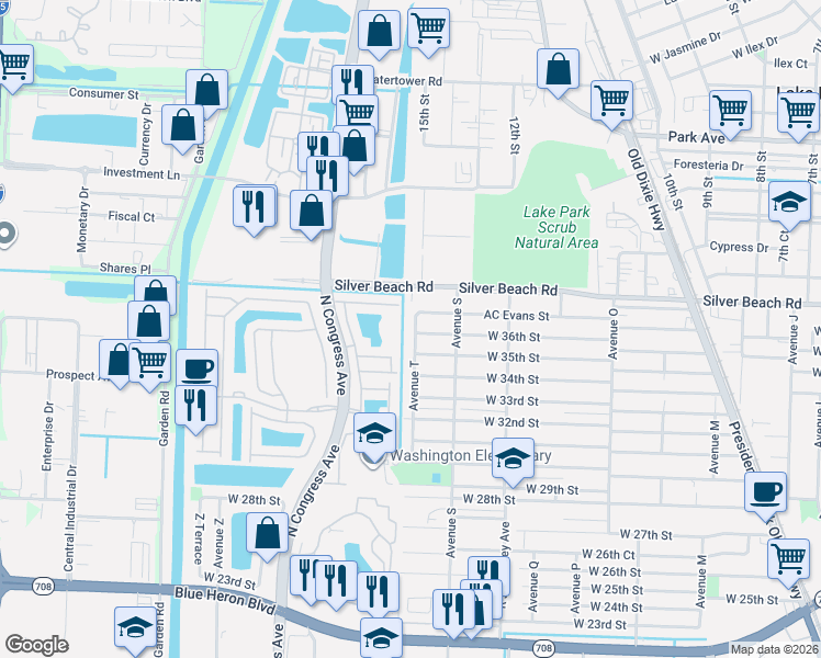 map of restaurants, bars, coffee shops, grocery stores, and more near 3500 Avenue T in West Palm Beach