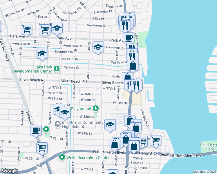 map of restaurants, bars, coffee shops, grocery stores, and more near 166 West 37th Street in West Palm Beach