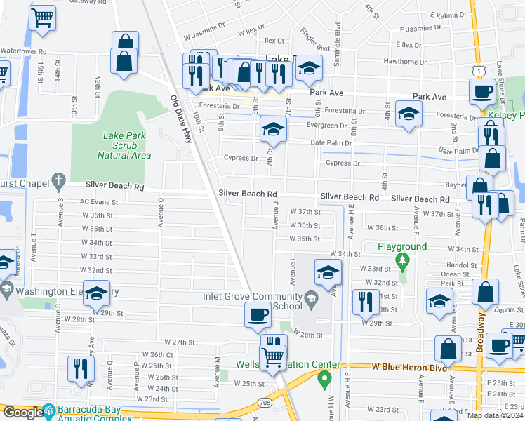 map of restaurants, bars, coffee shops, grocery stores, and more near 961 West 37th Street in Riviera Beach