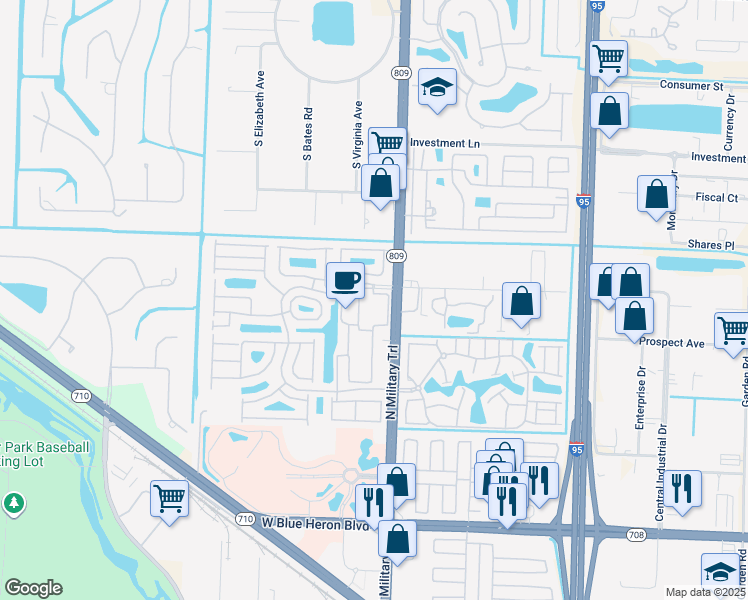 map of restaurants, bars, coffee shops, grocery stores, and more near 290 Woodbine Way in Riviera Beach