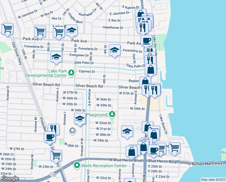 map of restaurants, bars, coffee shops, grocery stores, and more near 380 West 36th Street in West Palm Beach