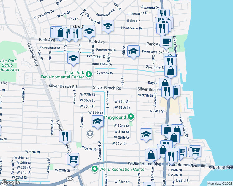 map of restaurants, bars, coffee shops, grocery stores, and more near 460 West 37th Street in West Palm Beach