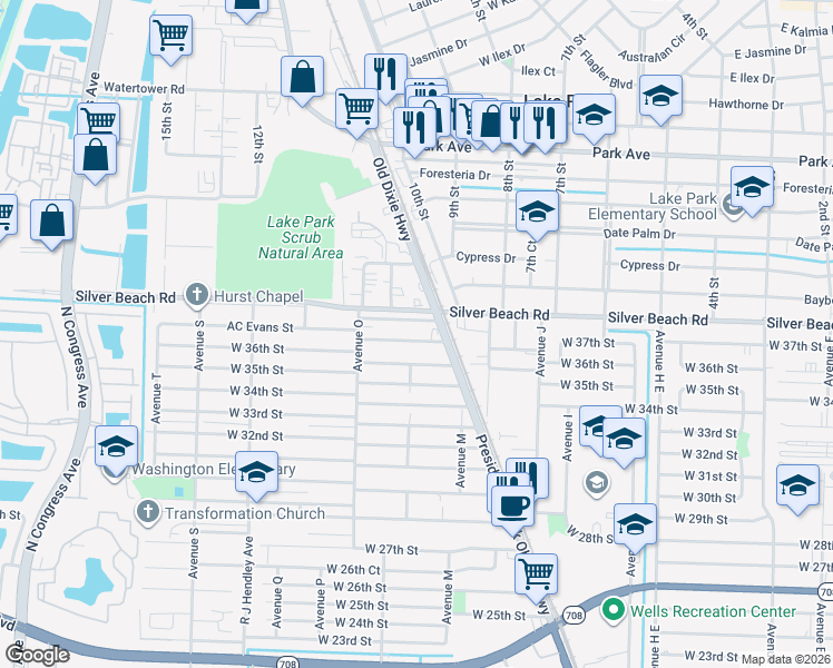 map of restaurants, bars, coffee shops, grocery stores, and more near 1161 West 37th Court in West Palm Beach