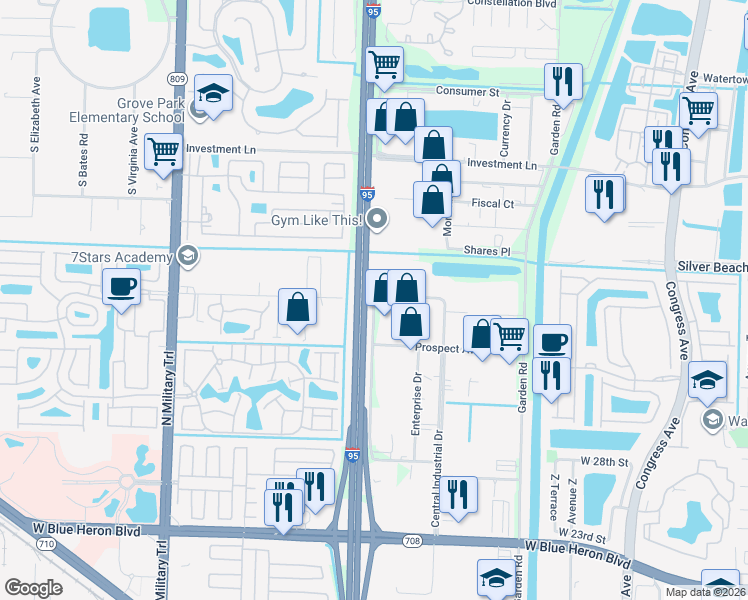 map of restaurants, bars, coffee shops, grocery stores, and more near 7587 Byron Drive in Riviera Beach