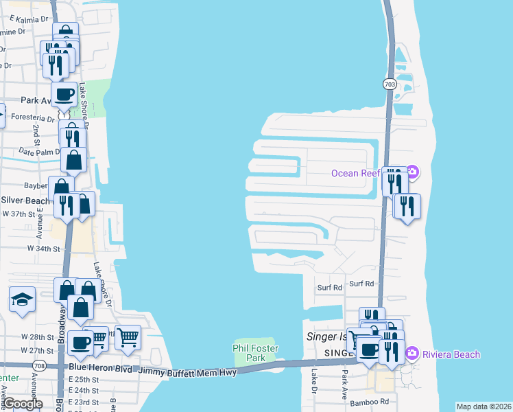 map of restaurants, bars, coffee shops, grocery stores, and more near 1030 Bimini Lane in West Palm Beach