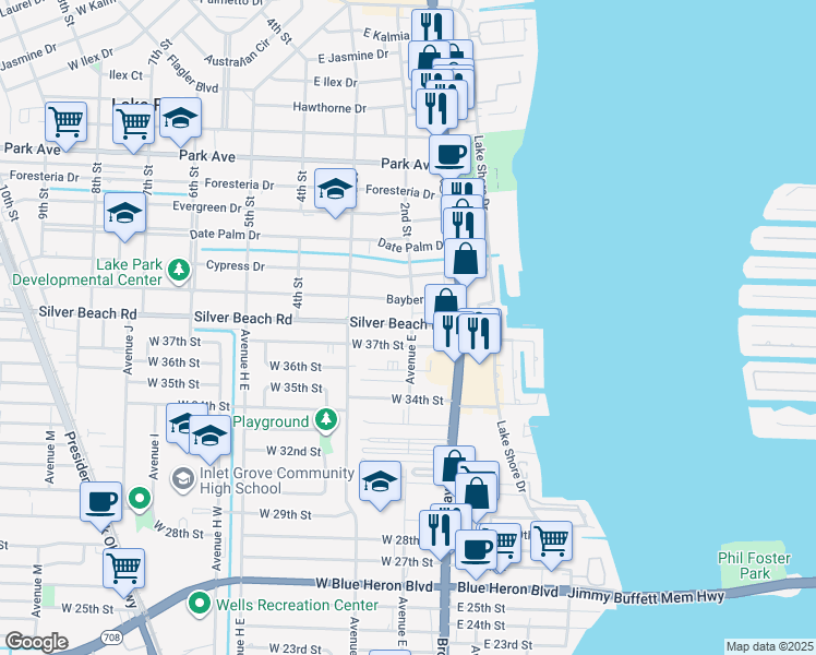 map of restaurants, bars, coffee shops, grocery stores, and more near 112 2nd Street in Lake Park