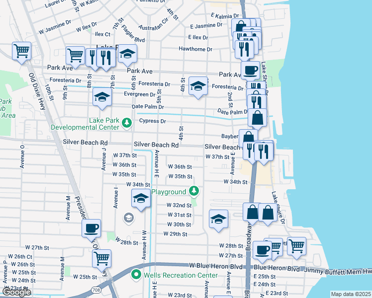 map of restaurants, bars, coffee shops, grocery stores, and more near 327 Silver Beach Road in Lake Park