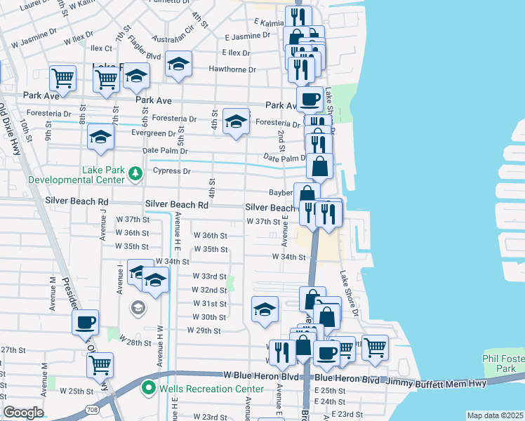 map of restaurants, bars, coffee shops, grocery stores, and more near 163 Silver Beach Road in Riviera Beach