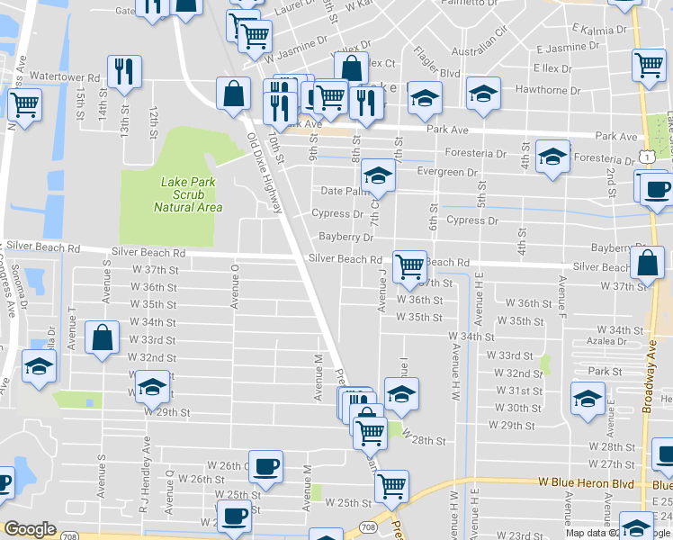 map of restaurants, bars, coffee shops, grocery stores, and more near 3709 Avenue K in West Palm Beach