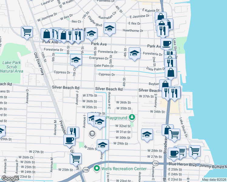 map of restaurants, bars, coffee shops, grocery stores, and more near 459 Silver Beach Road in Lake Park