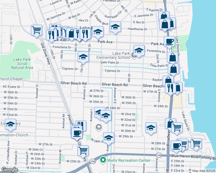 map of restaurants, bars, coffee shops, grocery stores, and more near 541 Silver Beach Road in Lake Park