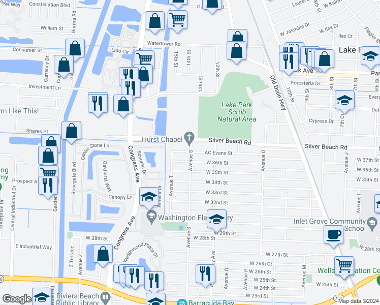 map of restaurants, bars, coffee shops, grocery stores, and more near in Lake Park