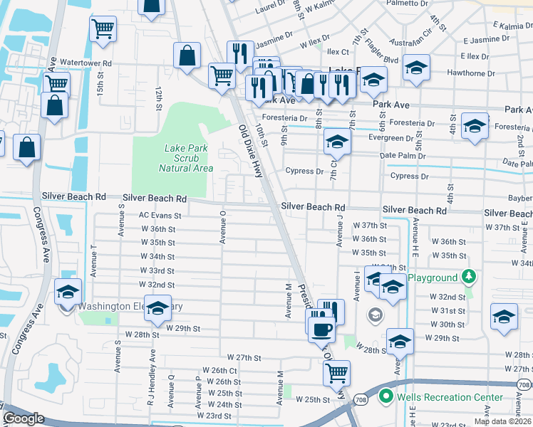 map of restaurants, bars, coffee shops, grocery stores, and more near 1161 West 37th Court in West Palm Beach