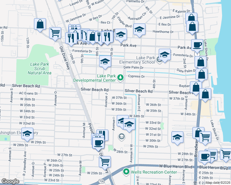 map of restaurants, bars, coffee shops, grocery stores, and more near 617 Silver Beach Road in Lake Park