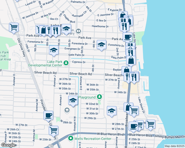map of restaurants, bars, coffee shops, grocery stores, and more near 403 Silver Beach Road in Lake Park